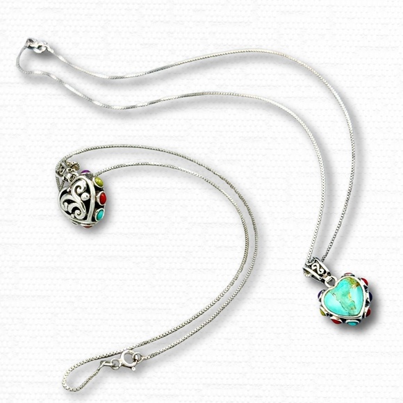 SOLD - Sterling Silver Turquoise Heart Pendant Necklace Reversible Boho Jewelry - Picture 2 of 7